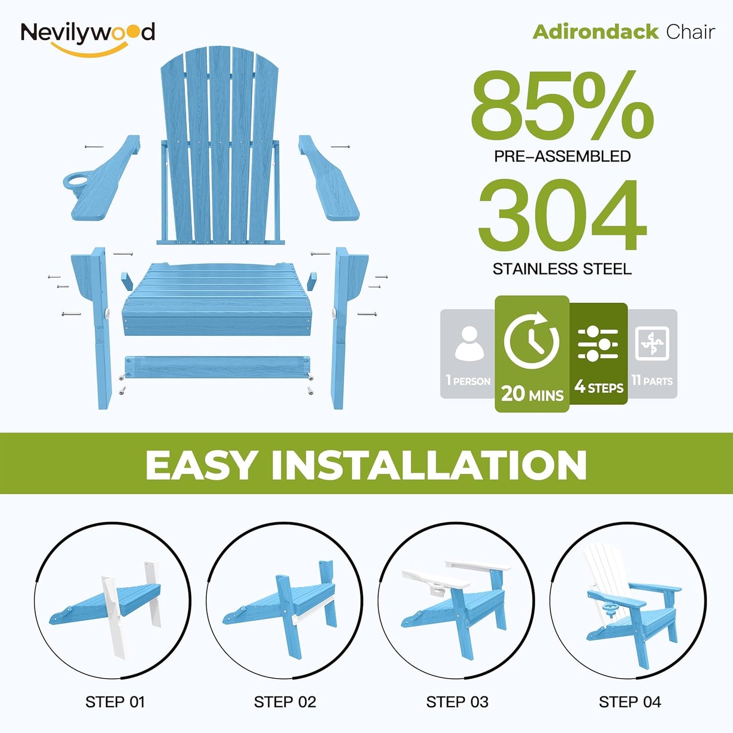 Chaise de Jardin Pliable Style Adirondack avec Support pour Tasse